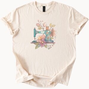 Sewing Machine Floral Graphic Tee Whimsical Art Design